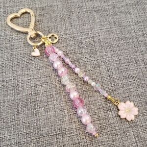 Chic Pink Beaded Bag Charm with Pink Flower Charm